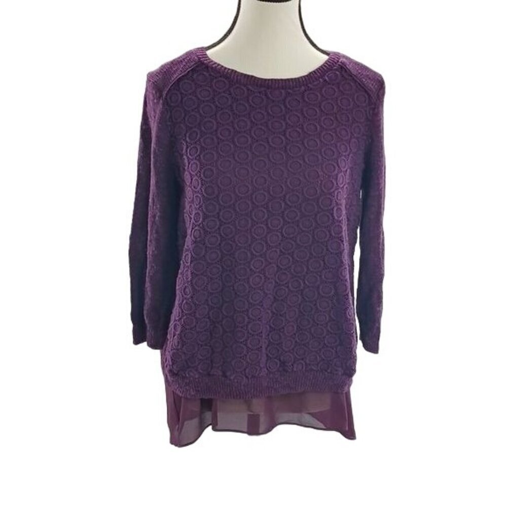 Lucky Brand Sweater Purple Knit Layered Floral 3/4 Sleeve Womens Size Small